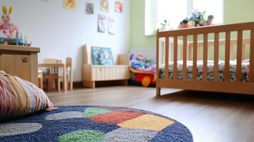 Colorful Childrens Playroom Interior with Wooden Furniture and Soft Carpet for Cozy Learning and Fun photo
