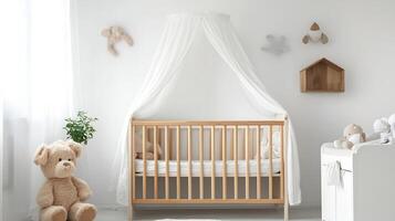 Charming Neutral Nursery with Cozy Cot and Soft Plush Bear Decor photo