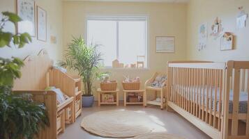 Cozy and Inviting Nursery Room Decor with Warm Lighting and Natural Elements photo