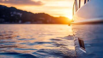 Scenic Sunset View from Boat on Tranquil Water with Vibrant Horizon photo