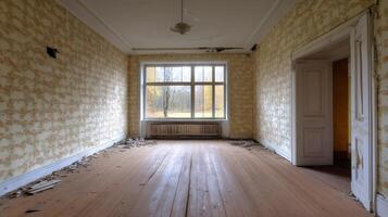 Abandoned Room in Dilapidated Building with Peeling Wallpaper and Large Window photo