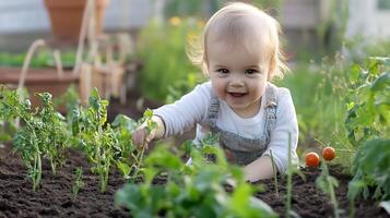 Happy toddler enjoying fun playtime in garden surrounded by vibrant green plants and cherry tomatoes photo