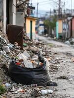 Urban Street Scene with Trash and Pollution Depicting Environmental Challenges in City Neighborhood photo