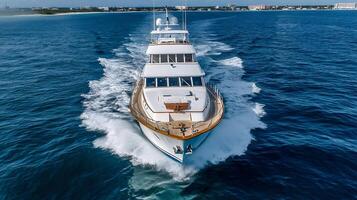 Majestic yacht carving through the pristine ocean waves with clear blue sky overhead photo