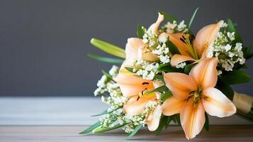 Elegant peach and white lily bouquet with greenery on gray background photo