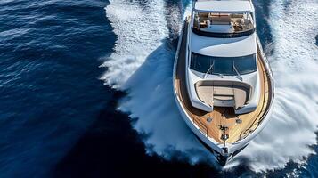 Luxury yacht cruising through open sea creating a dynamic water wake behind photo