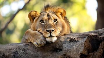 Majestic Lion Resting on Tree Trunk in Natural Wilderness Safari Setting photo