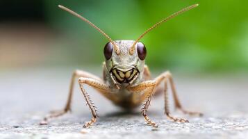 Macro Closeup of Curious Grasshopper on Surface Detailed and Unique View photo