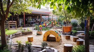 Playground with Wooden Playhouse and Natural Surroundings photo