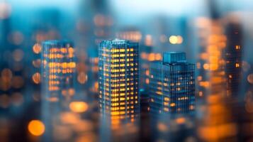 Illuminated Skyscrapers in Cityscape with Bokeh Effect at Night photo