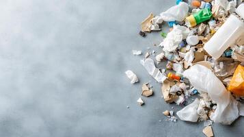 Scattered Garbage and Waste on Gray Asphalt Background Highlighting Environmental Issues photo