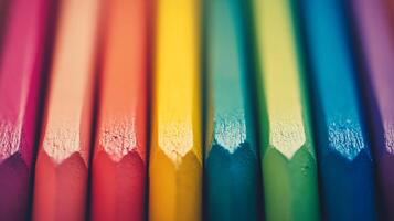 Vibrant collection of sharpened colored pencils lined up showing a spectrum of rainbow colors photo