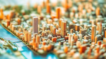 Miniature Model of Modern City Skyline with Skyscrapers and River photo