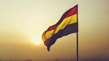 Dramatic sunset with vibrant yellow red and black flag waving in the breeze cityscape background photo
