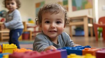 Smiling toddler playing with colorful blocks in daycare setting photo