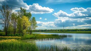 Serene Lake Landscape with Lush Greenery and Clear Blue Sky photo