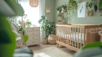 Serene Boho Scandinavian Nursery with Greenery and Wooden Crib for Nature Inspired Interior Design photo