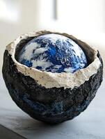 Artistic Representation of Earth Within Cracked Shell Symbolizing Ecological Themes photo