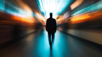 Silhouette of Walking Man in Vibrant Blur Symbolizing Journey and Motion photo