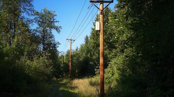 Wooded path with power lines under bright blue sky in rural forested area and summer foliage photo