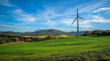 Sustainable Energy with Wind Turbine in Scenic Green Landscape Under Clear Blue Sky photo