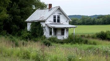 Abandoned Rustic Farmhouse in Overgrown Meadow with Vintage Weathered Exterior photo