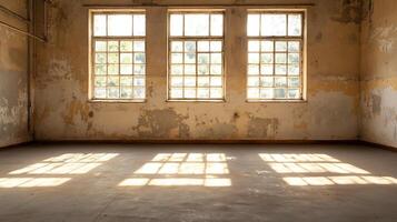 Sunlit Abandoned Room with Three Large Windows and Rustic Charm in Industrial Style photo