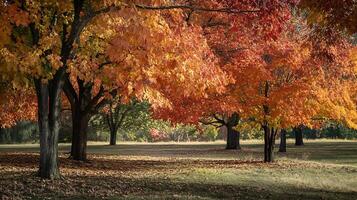 Scenic Autumn Park with Colorful Trees and Fallen Leaves at Sunset photo