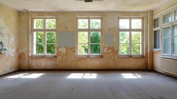 Sunlit Room with Worn Walls and Large Windows Creating a Vintage Aesthetic and Natural Feel photo
