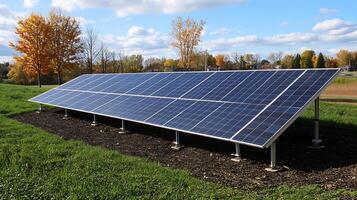 Large Solar Panel Array in Scenic Autumn Landscape with Clear Sky photo