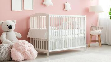 Cozy pink themed nursery with white crib and soft plush toys in a bright and warm home setting photo