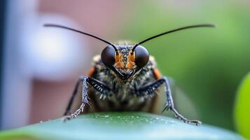 Closeup of Colorful Moth Sitting on Leaf with Blurred Green Background photo