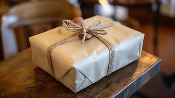 Rustic Gift Box Wrapped with Burlap String on Wooden Table for Special Occasions photo