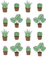 Seamless pattern of doodle sketch monstera plant and cactus in pots vector