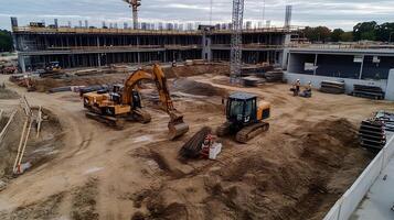 Construction Site with Active Excavators and Building Framework in Progress photo