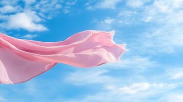 Pink Fabric Flowing in the Clear Blue Sky Creating a Dreamy and Peaceful Aesthetic photo