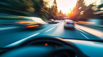Dynamic Motion Blur on Highway at Sunset Capturing Speed and Energy of Traffic photo
