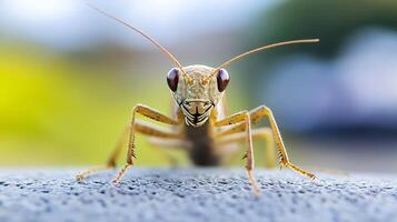 Macro Shot of a Curious Grasshopper Close-Up Showing Detailed Features in a Natural Setting photo