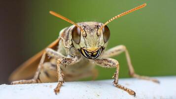 Macro photograph of an inquisitive grasshopper on a natural green background photo