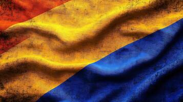 Textured fabric with vibrant orange blue and yellow folds creating a dynamic abstract backdrop photo