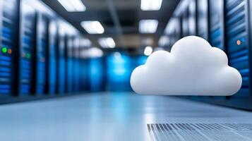 Modern Cloud Computing Technology in High-Tech Data Center with Blue Lighting photo