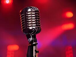 Vintage microphone standing on stage with red and blue lights photo