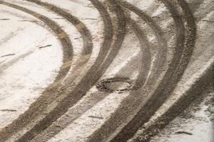 Tire tracks curving on snowy road in winter photo