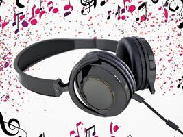 Headphones playing music with musical notes and confetti background photo