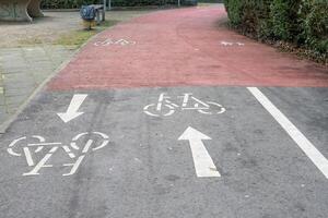 Two way cycle path splitting into two one way lanes with opposite directions photo