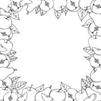 square frame of black and white drawings of apples, pears and leaves, hand drawn in cartoon style. vector
