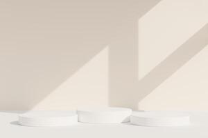 White realistic 3d cylinder pedestal podium in pastel colorful abstract rooms. 3d rendering geometric forms. Minimal wall scene. Stage showcase, Product display. photo