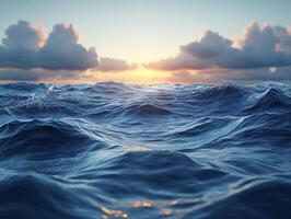 A serene ocean scene at sunset with gentle waves and clouds in the sky. photo