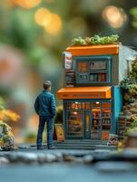 A miniature figure stands before a detailed model shop surrounded by greenery. photo