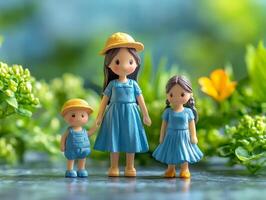 A cheerful family of three figurines in blue outfits, surrounded by green plants and flowers. photo